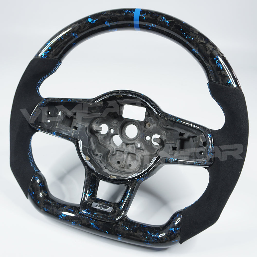 Private custom forged carbon fiber steering wheel for vw golf mk7/7.5 / blue tinfoil & suede (Alcantara)