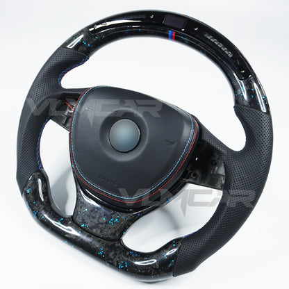 Private custom forged carbon fiber steering wheel for BMW 5 series F10/ blue tinfoil & perforare leather