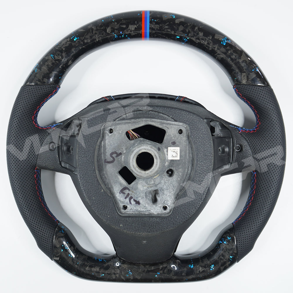 Private custom forged carbon fiber steering wheel for BMW 5 series F10/ blue tinfoil & perforare leather