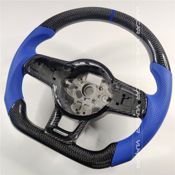 Private custom carbon fiber steering wheel with blue leather for Volkswagen golf 7 mk7/7.5/DSG/manual
